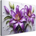 Tableau d�co fleurs lys violets gouttes d'eau 90x60