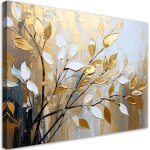 Tableau d�co glamour feuilles dor�es brins 90x60