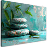Tableau d�co pierres zen spa feuilles sur fond turquoise 90x60