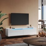 Sirhona - tableau tv avec clairage led suspendu blanc brillant 140 cm moderne 2 abattants