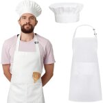 Tablier de cuisine adulte blanc r�glable imperm�able avec 2 poches + toque de chef �lastique, usage barbecue ...