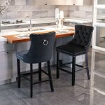 Tabouret de bar velours capitonn� - pieds bois - clous chrome - style d�tente - 2 pcs - noir - 49. 5 ...