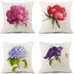 Taies d'oreiller housse coussin lot de 4 en lin d'extrieur avec fleurs motif dcoration pour chambre, ...