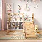 Balanoire 3 en 1 - pin massif, toboggan pour enfants avec balanoire, portique d'escalade, toboggan, ...