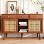 Buffet en rotin 120cm avec 3 tiroirs et 3 portes coulissantes, tagres rglables, pieds en bois massif, ...