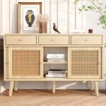 Buffet en rotin 120cm avec 3 tiroirs et 3 portes coulissantes, tagres rglables, pieds en bois massif, ...
