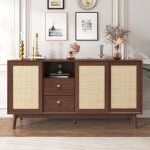 Buffet 155cm avec 3 portes coulissantes en rotin v�ritable et 2 tiroirs, buffet et enfilade scandinave, ...