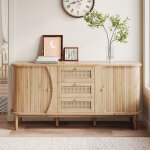 Tanant - buffet, meuble de rangement acve 3 tiroirs et portes coulissantes en rotin, �tag�res r�glables, ...