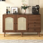 Buffet avec portes en rotin et 2 tiroirs 130cm, étagères réglables, buffet de rangement rustique pour ... Buffet avec portes en rotin et 2 tiroirs 130cm, étagères réglables, buffet de rangement rustique pour ...