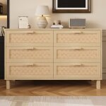 Tanant - commode 6 tiroirs en rotin, poign�es en bois, rangement, commode de chambre, design moderne, ...