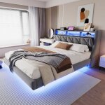 Tanant - lit adulte 180x200 cm, lit double, clairage led, tte de lit capitonne rabattable, prise de ...