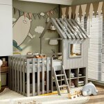 Tanant - lit cabane 90x200cm, lit enfant avec rangements ouverts, escalier, barrière antichute, structure ... Tanant - lit cabane 90x200cm, lit enfant avec rangements ouverts, escalier, barrière antichute, structure ...