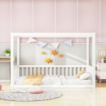 Lit cabane enfant 90 x 200 cm avec barrire de scurit, cadre de lit en bois massif, design moderne, ...