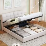 Lit coffre 140x200 cm, lit avec rangement, sommier  lattes en bois, cadre en mtal, avec tte de lit ...