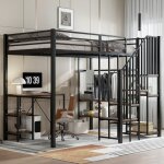 Lit mezzanine 120 x 200 cm, lit enfant avec bureau et tagre, penderie ouverte, escalier, barrire de ...