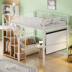 Tanant - lit mezzanine 140 x 200 cm, lit enfant avec rangement, cadre en mtal, barrire de scurit, ...