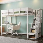 Tanant - lit mezzanine 90 x 200 cm, avec bureau et escalier de rangement, lit enfant avec sommier � lattes, ...