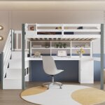 Lit mezzanine 90x200cm, avec bureau et rangement, avec chelle latrale, tagres ouvertes, barrire ...