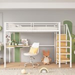 Lit mezzanine enfant 90x200cm, avec table et armoire, marchepieds latraux avec mains courantes, base ...