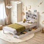 Tanant - lit simple 90x200cm avec 2 tiroirs, tête de lit avec rangement bibliothèque, sommier à lattes, ... Tanant - lit simple 90x200cm avec 2 tiroirs, tête de lit avec rangement bibliothèque, sommier à lattes, ...