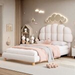 Tanant - lit simple enfant 90x200 cm, tissu peluche, t�te de lit tapiss�e, cadre de lit, sommier � lattes, ...