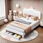 Tanant - lit simple avec rangement 140x200cm, tête de lit princesse couronne avce Éclairage led et 2 ... Tanant - lit simple avec rangement 140x200cm, tête de lit princesse couronne avce Éclairage led et 2 ...