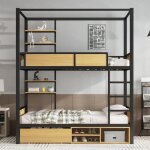 Tanant - lit superpos� 90 x 200 cm, lit enfant avec deux tiroirs et �tag�res de rangement, barri�res ...
