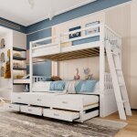 Tanant - lit superpos� 90 x 200 cm, lit enfant avec sommier � lattes gigogne, 3 tiroirs, �chelle et barri�re ...