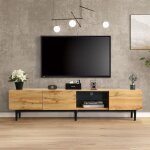 Tanant - meuble tv en bois 175 cm, avec éclairage led, 1 cloison vitrée, 3 portes, aspect bois, charnière ... Tanant - meuble tv en bois 175 cm, avec éclairage led, 1 cloison vitrée, 3 portes, aspect bois, charnière ...