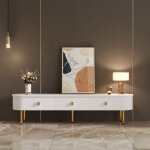 Tanant - meuble tv moderne 174cm - avec 3 tiroirs de rangement, poign�es et pieds dor�s, coins arrondis, ...