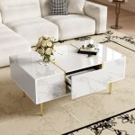 Tanant - table basse100cm - mdf, table basse moderne brillant avce 2 tiroirs, carre, pieds dors, adapte ...