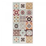 Tapis couloir 80 x 270 cm, motif g�om�trique, multicolore beige vert, texture kilim, pliable et hydrofuge, ...