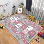 Tapis pour enfant chambre d'enfant, tapis de jeu motif rues, marelle, rose [80x160 cm]