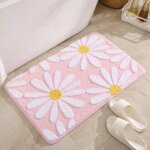 Tapis de salle de bain mignon marguerites - antidrapant - lavable - motif fleurs blanches et jaunes ...