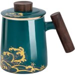 Tasse th� c�ramique 420 ml avec infuseur / couvercle, motifs vagues vert fonc�