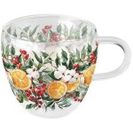 Tasse � th� en verre double paroi agrumes et feuillage de no�l
