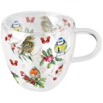 Tasse  th en verre double paroi oiseaux et baies hivernales