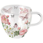 Tasse � th� en verre double paroi papillons et fleurs roses