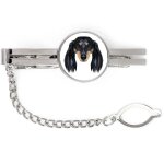 Teckel  poil long - pince  cravate gomtrique avec photo et inscription art - dog