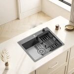 Teeno - vier de cuisine 1 bac en acier inoxydable 55x45 cm avec distributeur de savon et panier tlescopique, ...