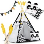 Tente tipi pour enfant avec guirlande et lumires nukido en noir et blanc avec un panda
