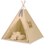 Tente tipi pour enfants + tapis + oreillers + pendentifs en plumes - beige