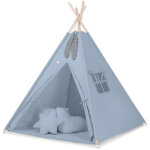 Tente tipi pour enfants + tapis + oreillers + pendentifs en plumes - bleu sale