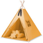 Tente tipi pour enfants + tapis + oreillers + pendentifs en plumes - moutarde