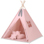 Tente tipi pour enfants + tapis + oreillers + pendentifs en plumes - rose poudr�