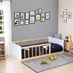 Lit enfant inspiration montessori au sol � barreaux naturel et blanc 70x140