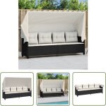 Chaise longue avec auvent et coussins noir rsine tresse - chaises longues - bains de soleil - meuble ...