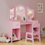 Coiffeuse pour enfants avec miroir, tabouret et rangement, 108x30x114cm, bureau pour enfants, table de ...