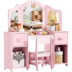 Coiffeuse pour enfants avec miroir, tabouret et rangement, 108x30x114cm, bureau pour enfants, table de ...