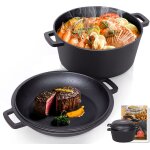 Marmite en fonte 2 en 1 avec couvercle de pole, 5l dual function casserole en fonte, pole  frire, ...